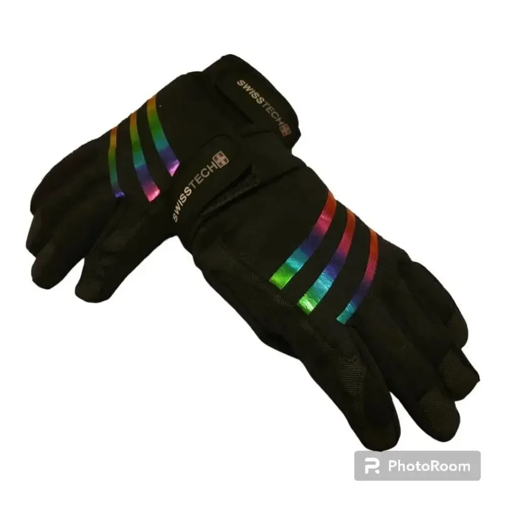 Swiss Tech Youth Water Resistant Black Ski Glove with Rainbow Foil Stripes, Rein